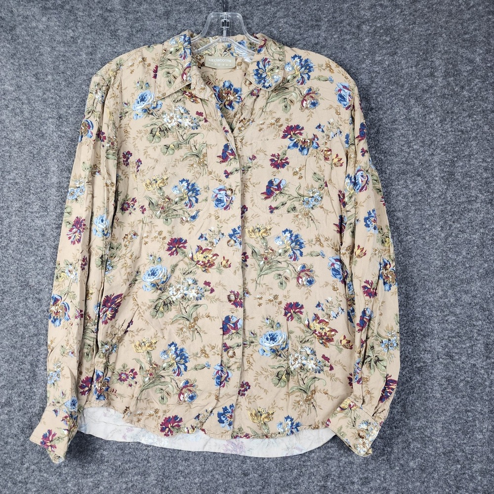 Liz Claiborne Lizwear Button Down Shirt Womens Size S Tan Floral Rayon Long Slv‎